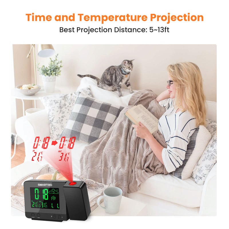SMARTRO SC31B Digital Projection Alarm Clock with Weather Station, Indoor Outdoor Thermometer for Bedrooms, USB Charger, AC Battery Operated - Image 5